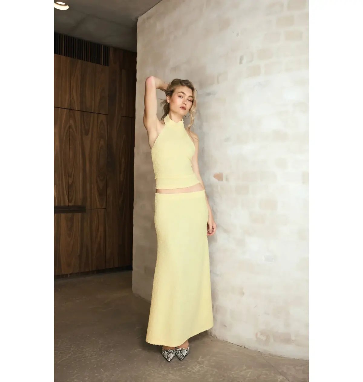 With Harper Lu Textured Halter Top and Maxi Skirt in Limoncello Set Size XS / AU 6 photo 5
