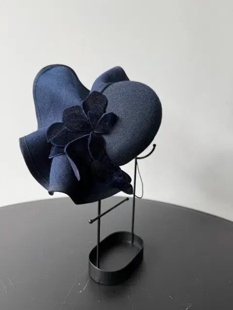 Felted Wool Headpiece with Sculptural Detail and Floral Velvet Adornment Navy One Size photo 2