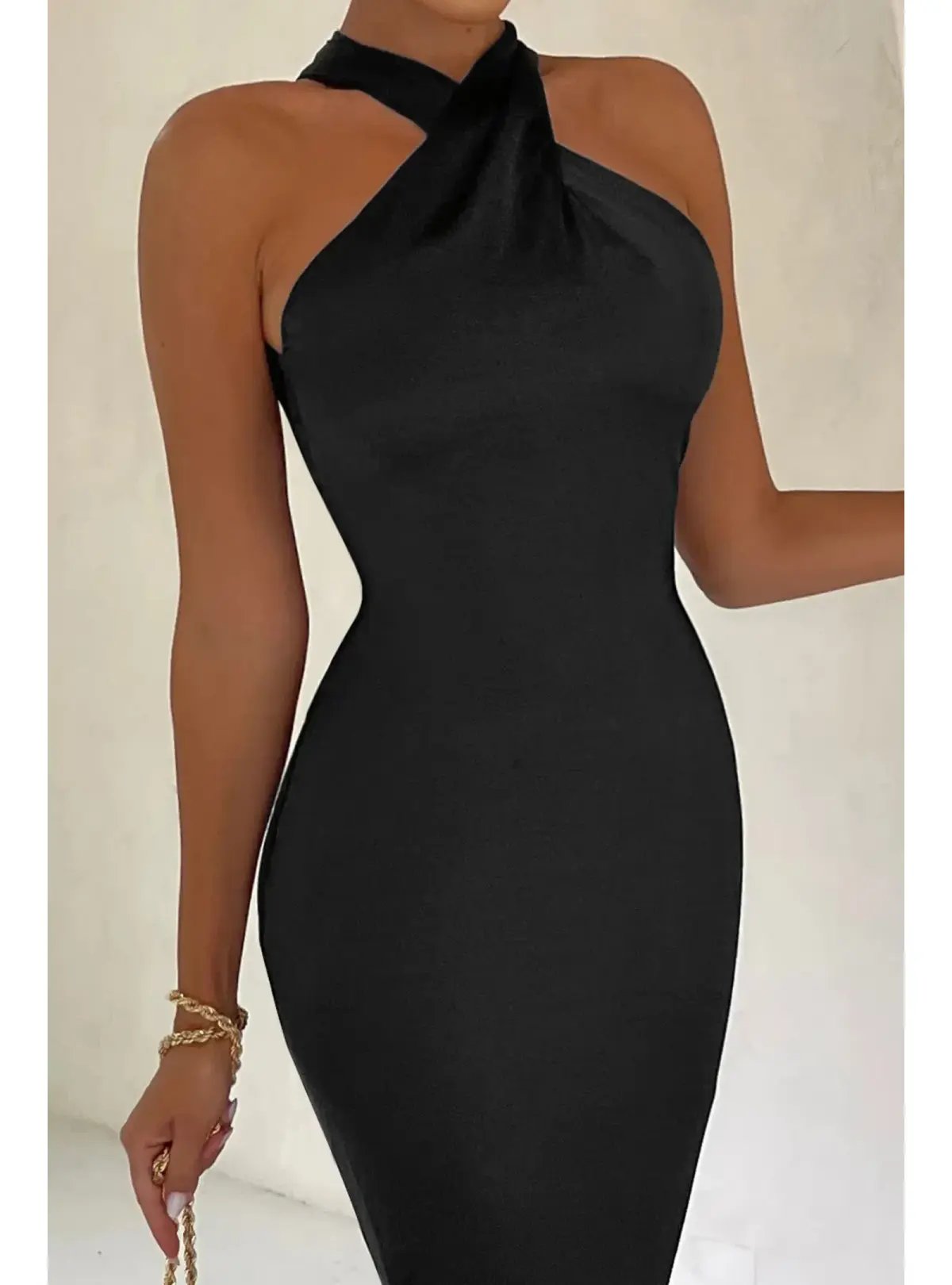 Club L London Satin Cross Over Halterneck Maxi Dress Black Size AU 10 photo 2