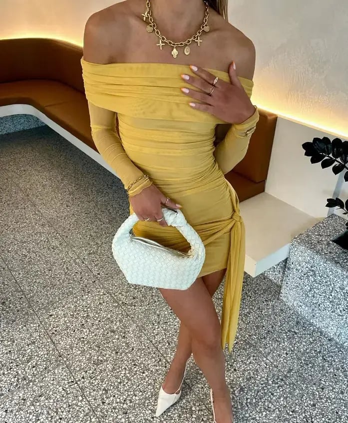 Benni Yasmin Off the Shoulder Mini Dress Mustard Size 8 photo 2