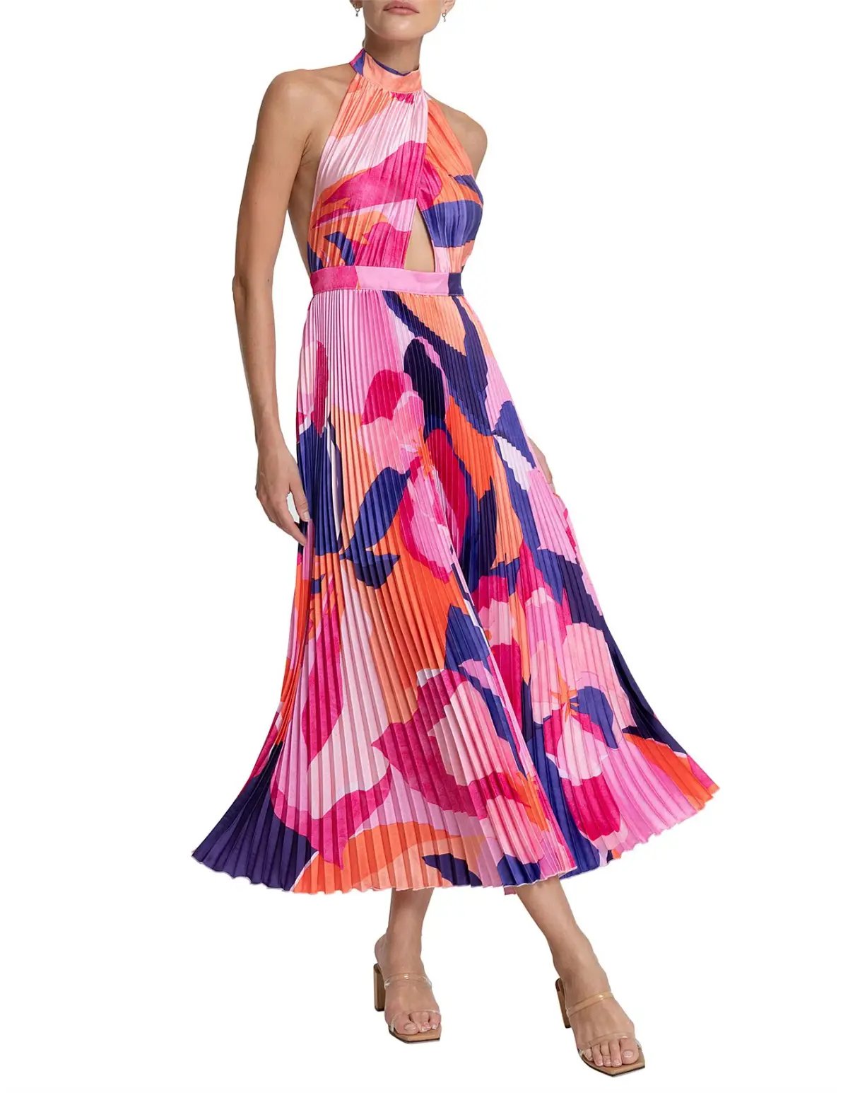 L'Idee Renaissance Halterneck Pleated Cutout Low Back Dress Capri Print Size 8 photo 3