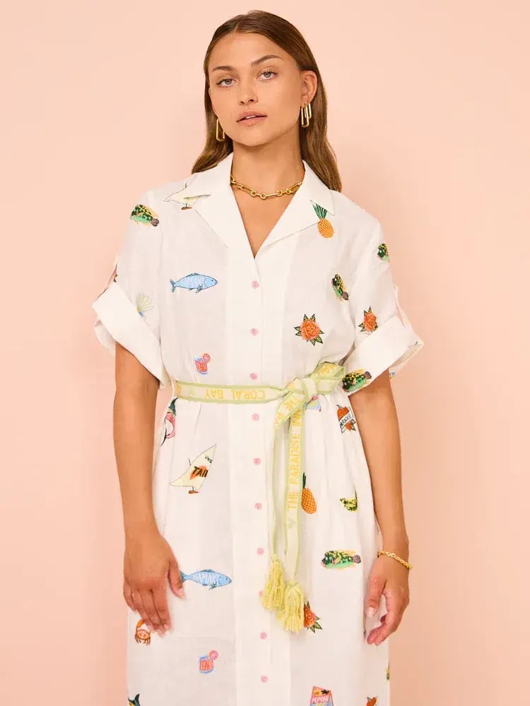 Alemais Blue Marlin Embroidered Dress In Cream Print Size 8 photo 2