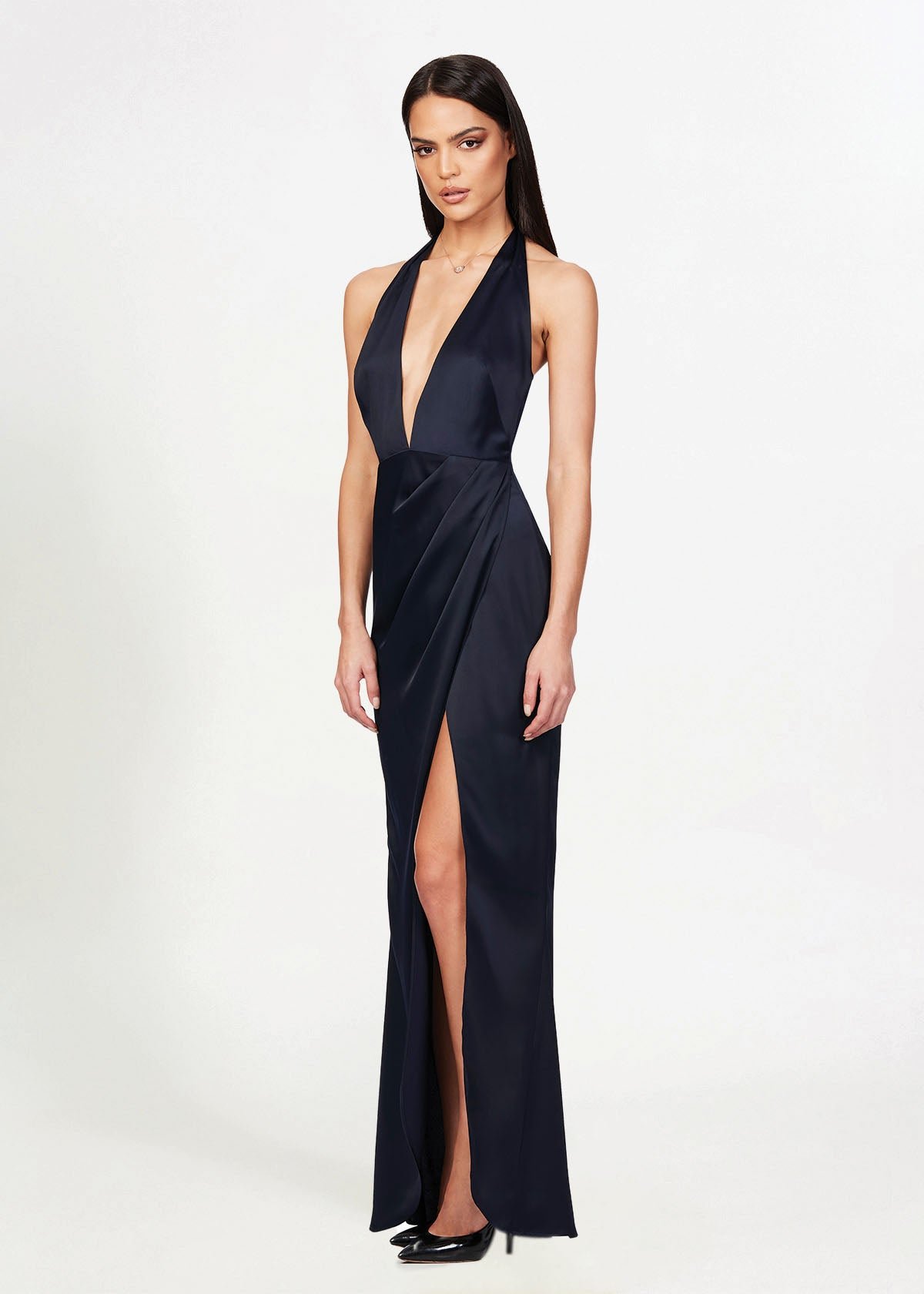 Stella Satin Plunge Gown in Navy photo 3