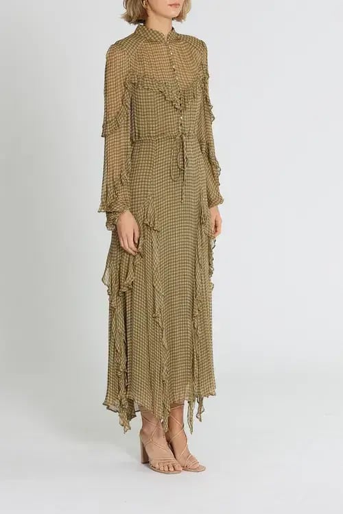 Shona Joy Eleonora Drawstring Frill Midi Dress Olive Khaki Size 8 photo 2