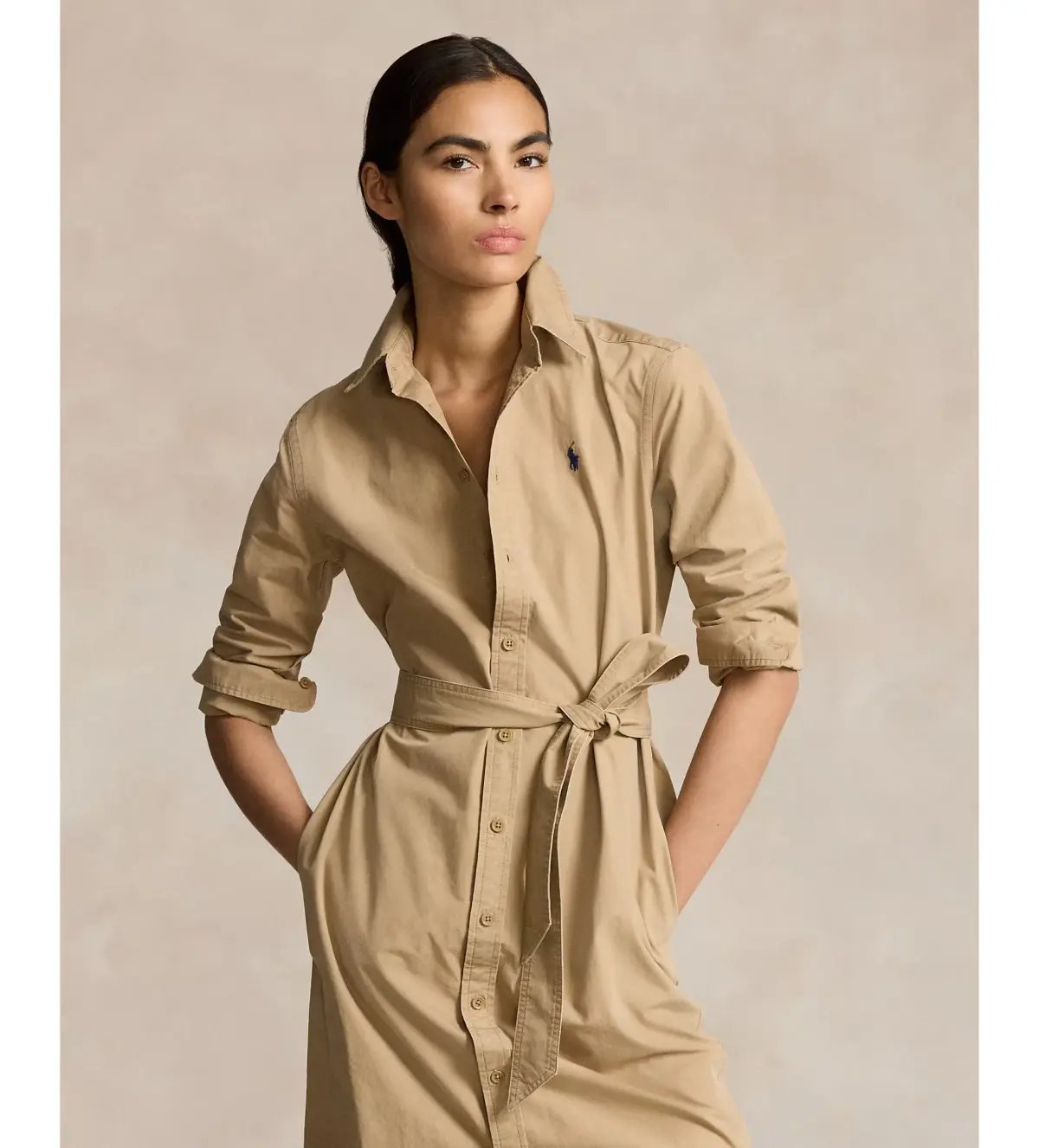 Ralph Lauren Polo Belted Cotton Midi Shirt Dress Beige Size 10 photo 2
