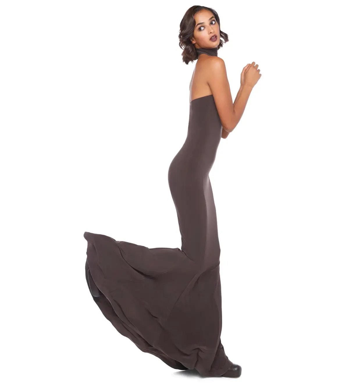 Norma Kamali Halter Turtle Fishtail Gown Chocolate Size AU 8 photo 4