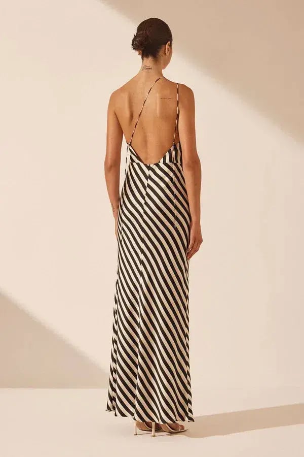 Shona Joy Escalet Silk One Shoulder Open Back Maxi Dress Black/Cream Size 8 photo 3