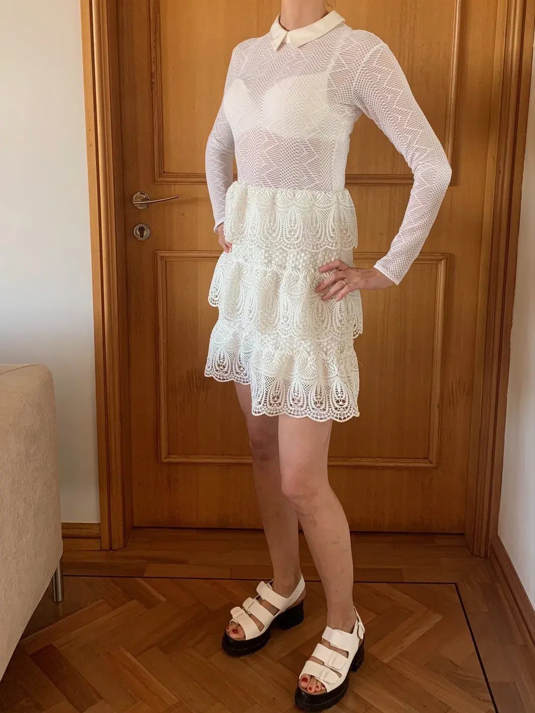 Self-Portrait Long-Sleeve Tiered Scalloped Lace Dress White Size AU 12 photo 3