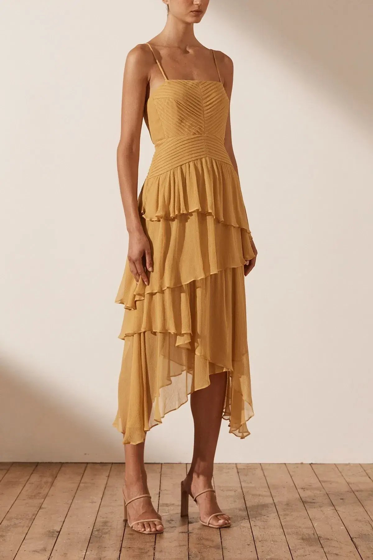Shona Joy Iris Pin Tuck Frill Midi Dress Yellow Size 12 photo 4