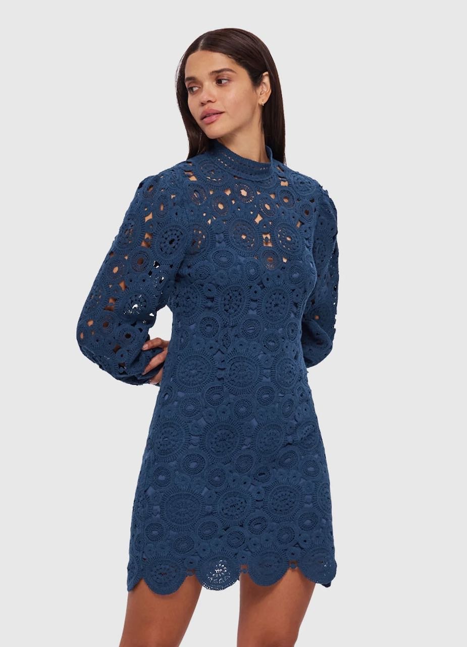 LEO LIN DAISY CROCHET LONG SLEEVE MINI DRESS - NAVY photo 2