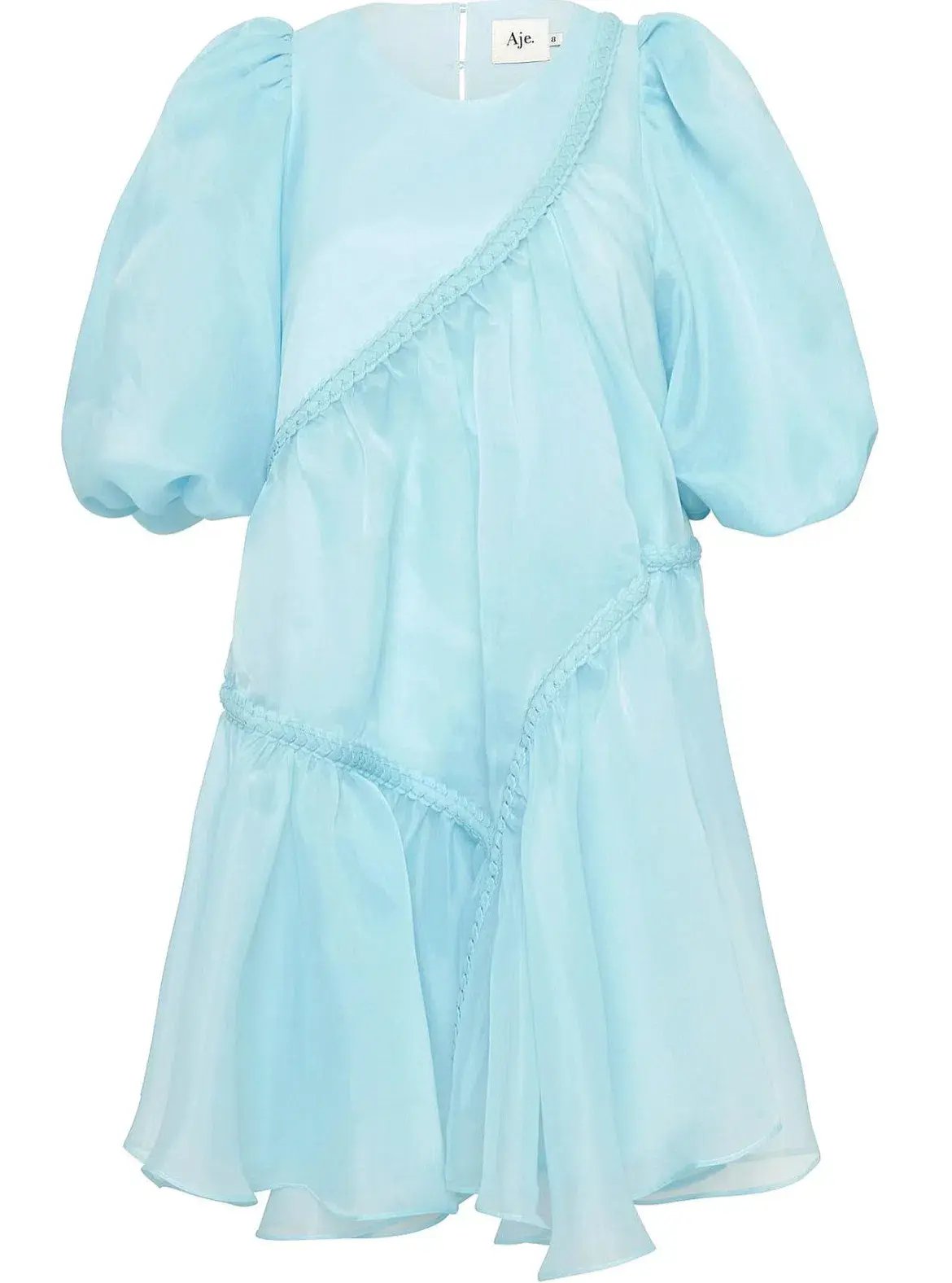 Aje Riviera Assymmetric Braided Puff Sleeve Smock Dress in Ice Blue Size AU 8 photo 4