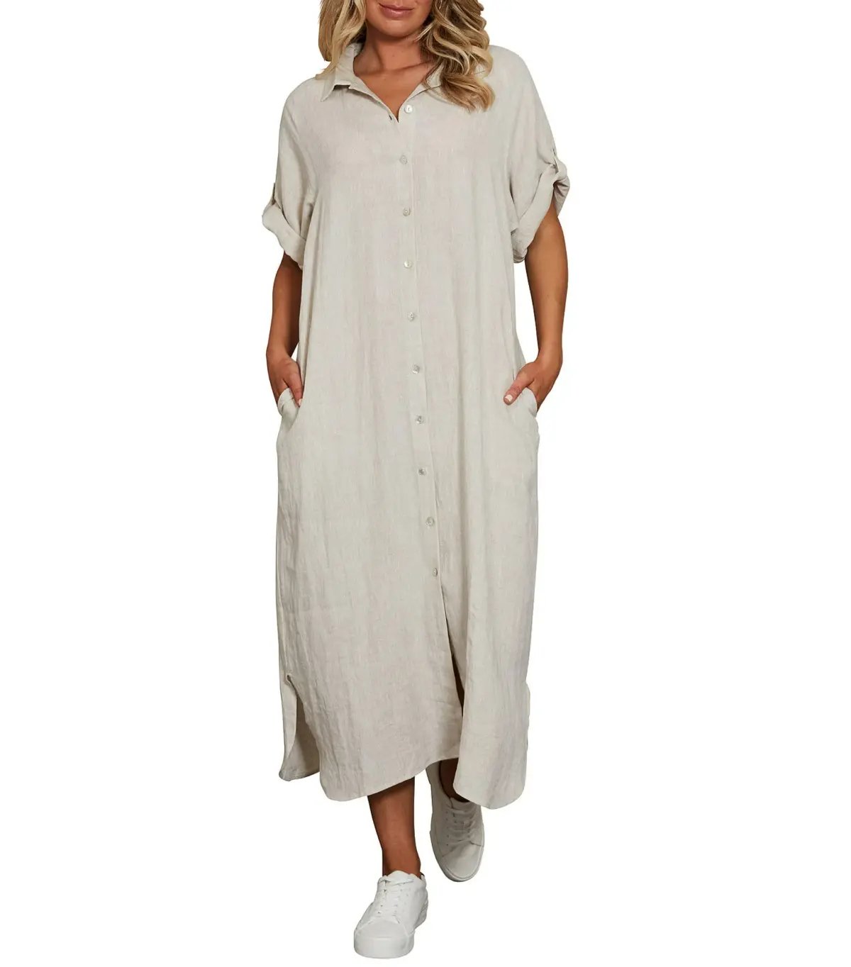 Eb And Ive Short Tab Sleeve Linen Studio Midi Shirt Dress Tusk Size M / AU 10 photo 2