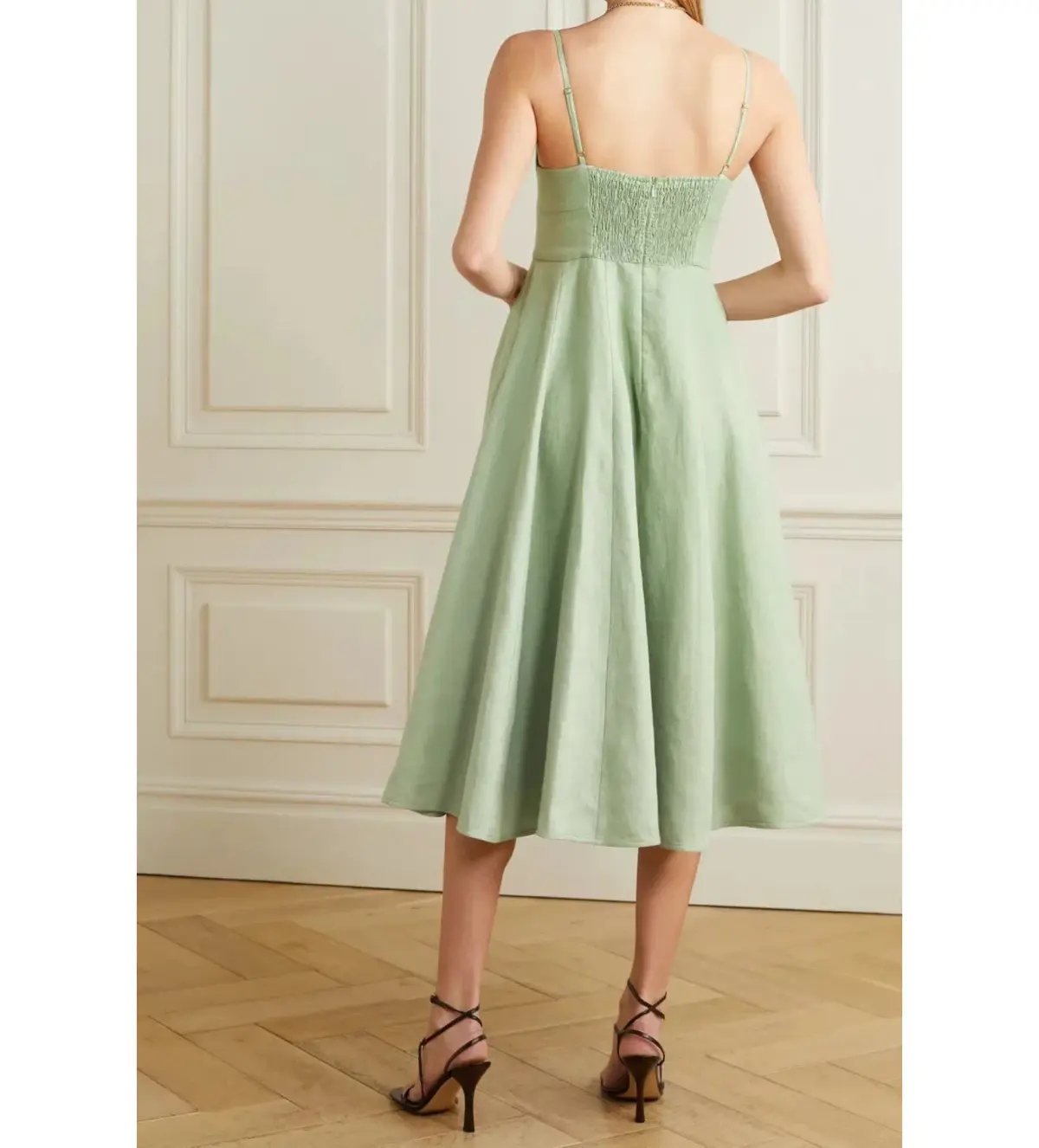 Zimmermann Dancer Picnic Shirred Linen Midi Dress Sage Size 3/AU 14 photo 3