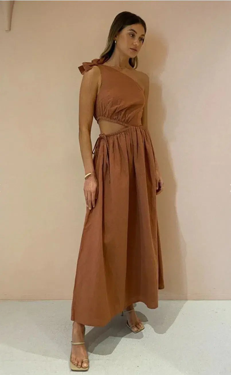 By Nicola Gabriella One Shoulder Midi Dress Desert Brown Size 6 photo 4