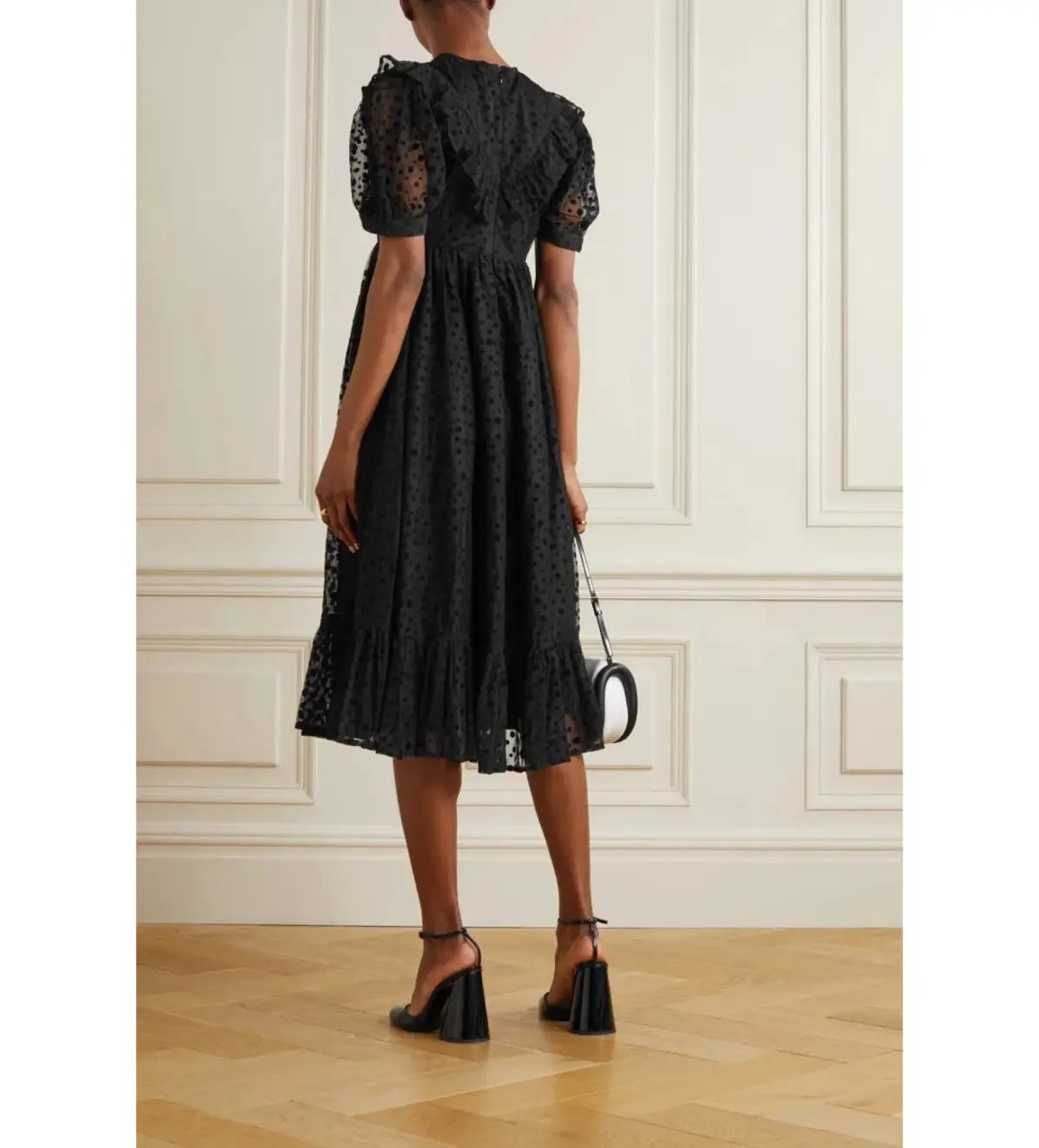 Batsheva May Ruffled Polka-Dot Flocked Tulle Midi Dress Black Size AU 18 photo 2