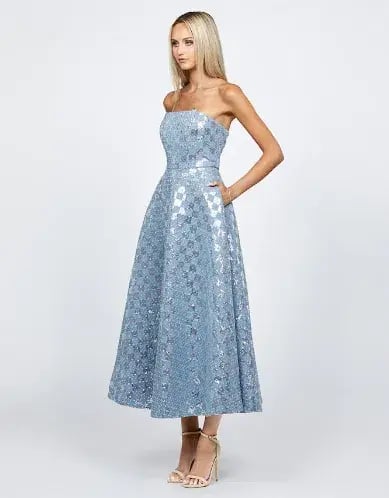 Bariano Zaharina Strapless Tea Midi Dress in Silver/Blue Size AU 6 photo 2