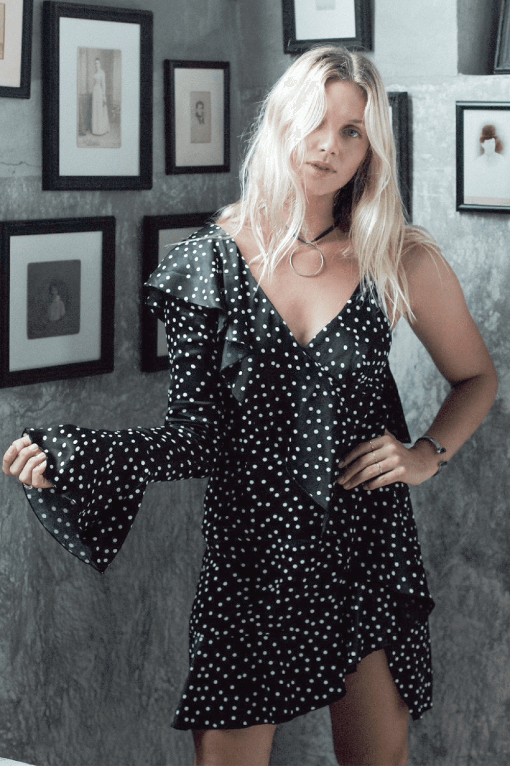 Shakuhachi Spot On One Sleeve Ruffle Polka Dot Dress Print Size 8 photo 4