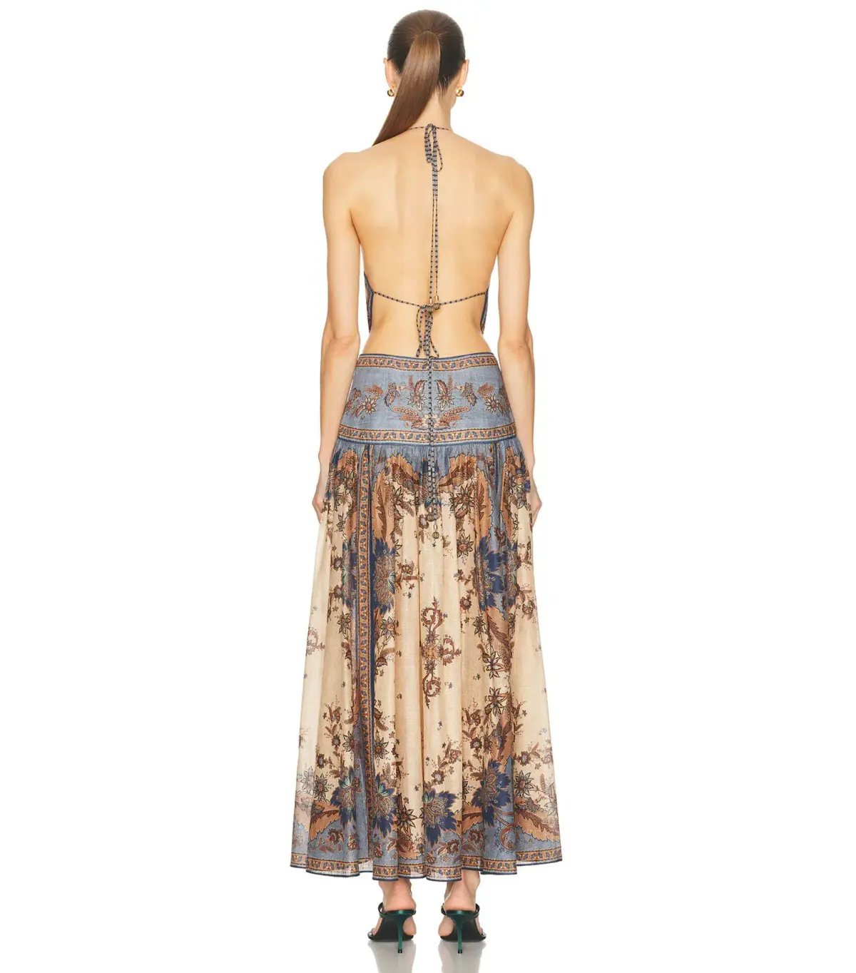 Zimmermann Ascension Plunge Halter Maxi Dress in Blue/Cream Indienne Floral Size 0 / AU 8 photo 3