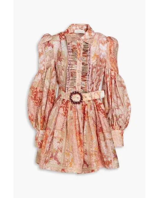 Zimmermann Belted Floral-print Linen And Silk-blend Mini Shirt Dress Size 0/au 8 photo 3