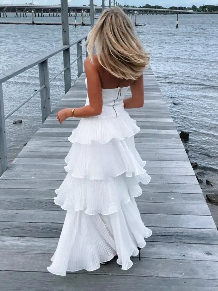Aje Sunbeam Ruched Bustier and Cosmos Tiered Maxi Skirt Set Ivory Size 8 photo 2