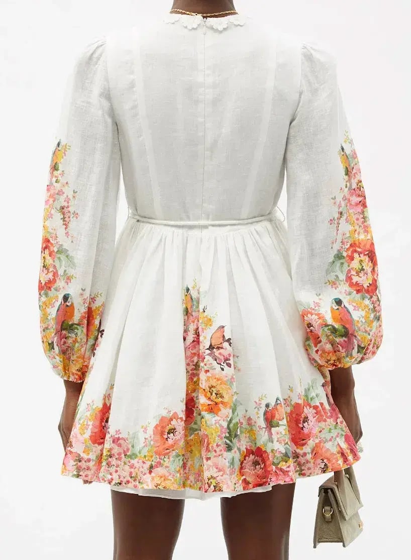 Zimmermann Mae Embellished Floral Print Linen Mini Dress Ivory Size 0P / AUS 6P photo 3