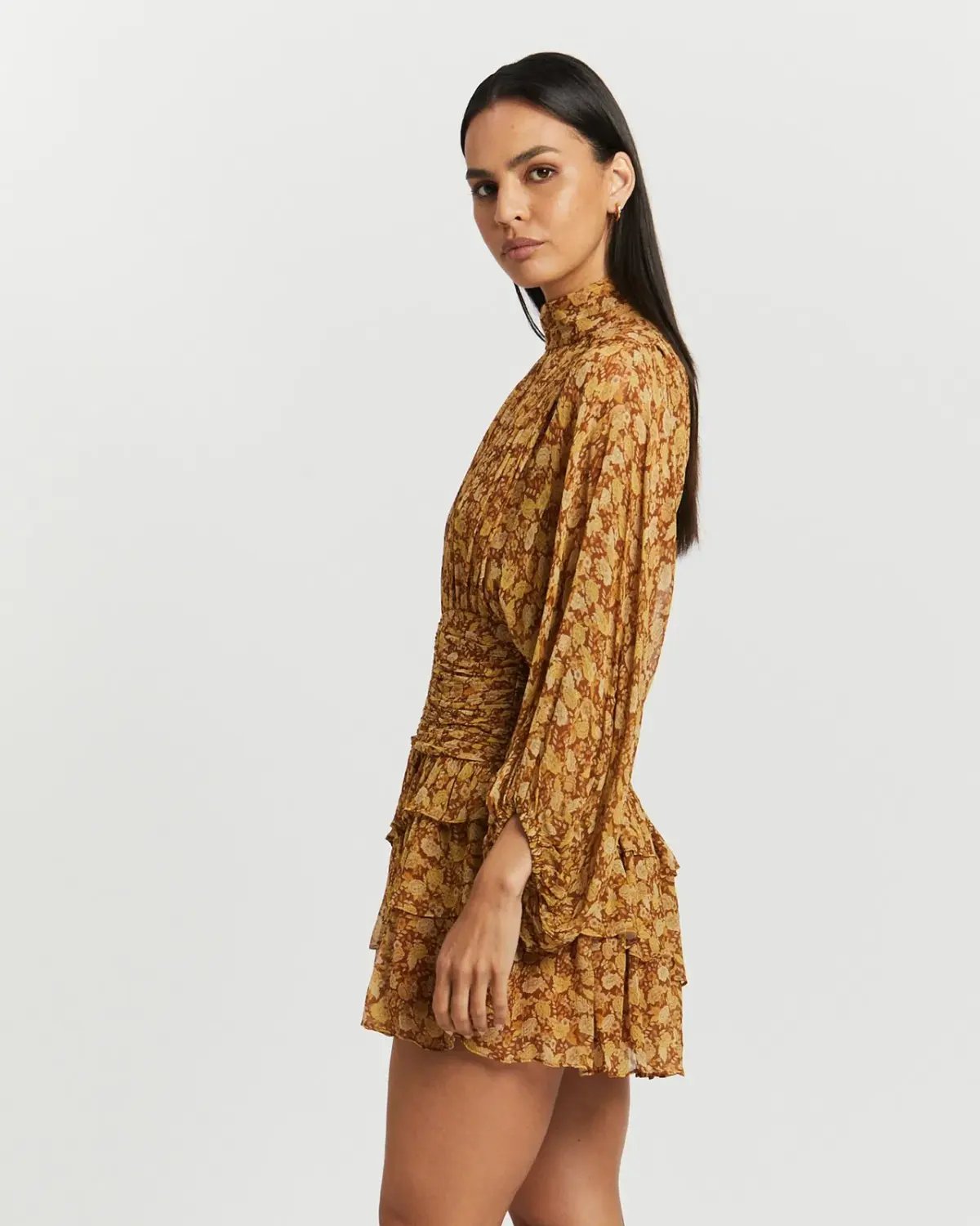 Shona Joy Sunset Long Sleeve Ruched Mini Dress Floral Size 8 photo 3