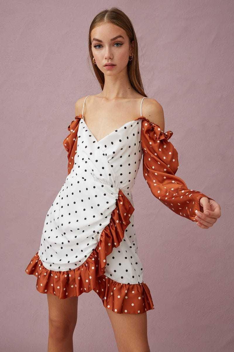 Keepsake The Label Butterflies Long Sleeve Mini Dress Tobacco Polkadot Dress Size 8 photo 2
