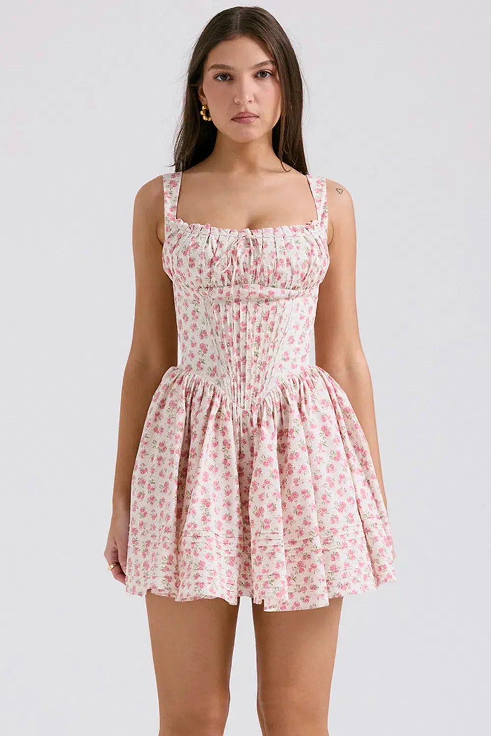 House of CB Natassia Cotton Mini Dress White Rosebud Print Size 8 photo 2