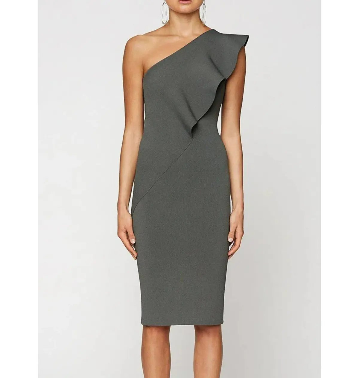 Scanlan Theodore Crepe Knit One Shoulder Ruffle Midi Dress Khaki Size XS / AU 6 photo 2