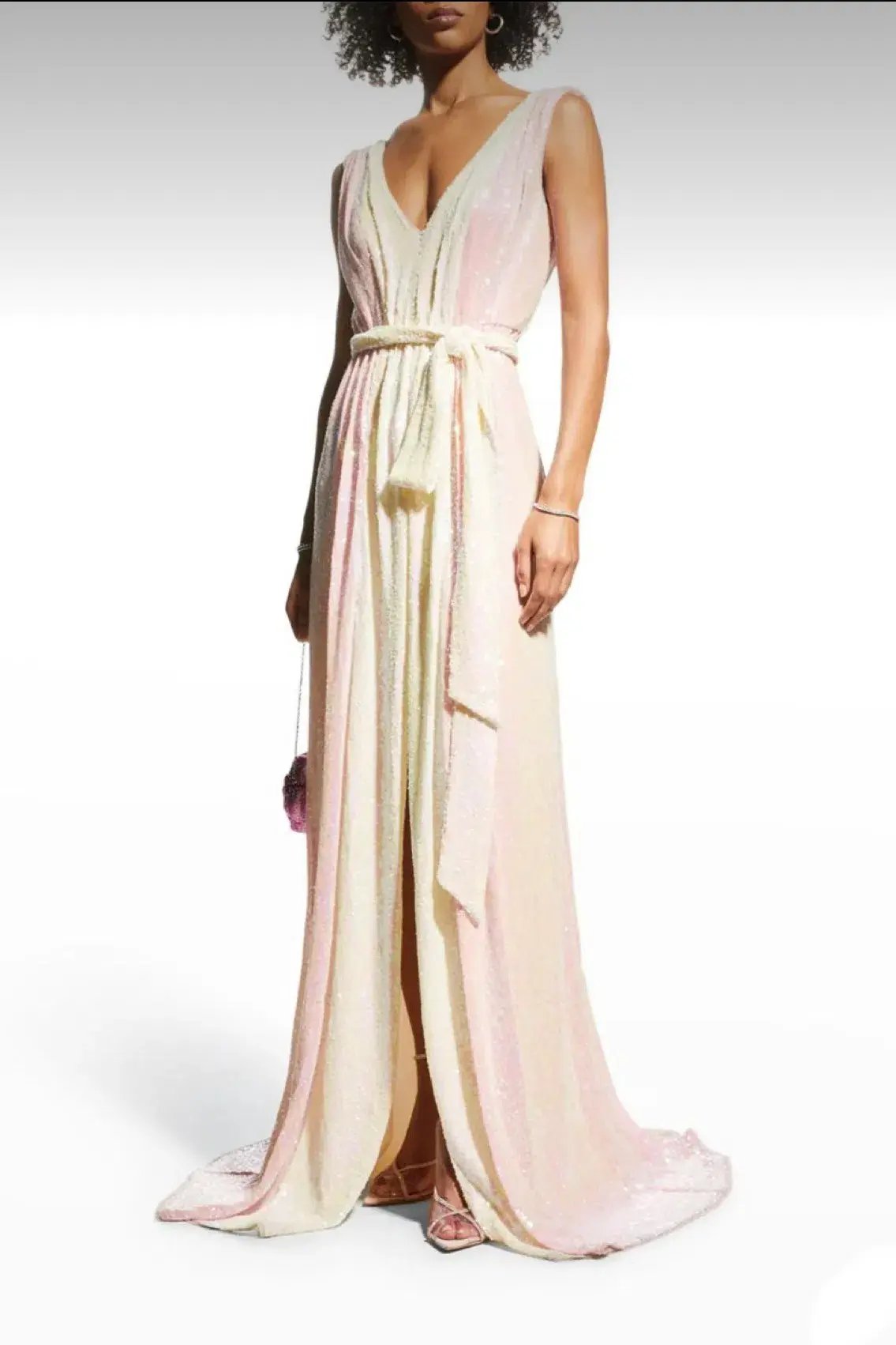 Badgley Mischka Two Tone V-Neck Sequin Long Gown Pink and Lemon Size AU 8 photo 6
