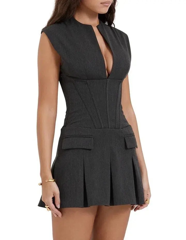 House of CB Eleanor Pleated Corset Mini Dress in Charcoal Size 6 photo 3