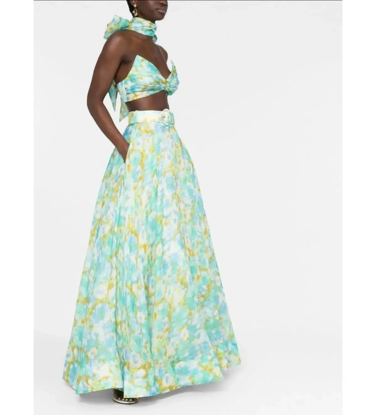 Zimmermann High Tide Twist Crop Bodice & Maxi Skirt Set In Aqua Ikat Floral Size 1 / Au 10 photo 2