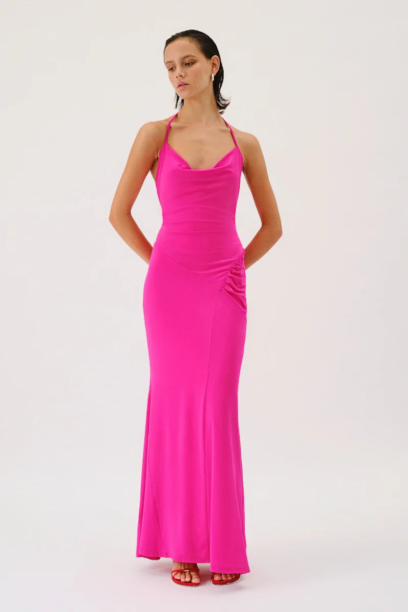 SUBOO GARNET DEEP COWL NECK MAXI DRESS - HYPER PINK photo 5