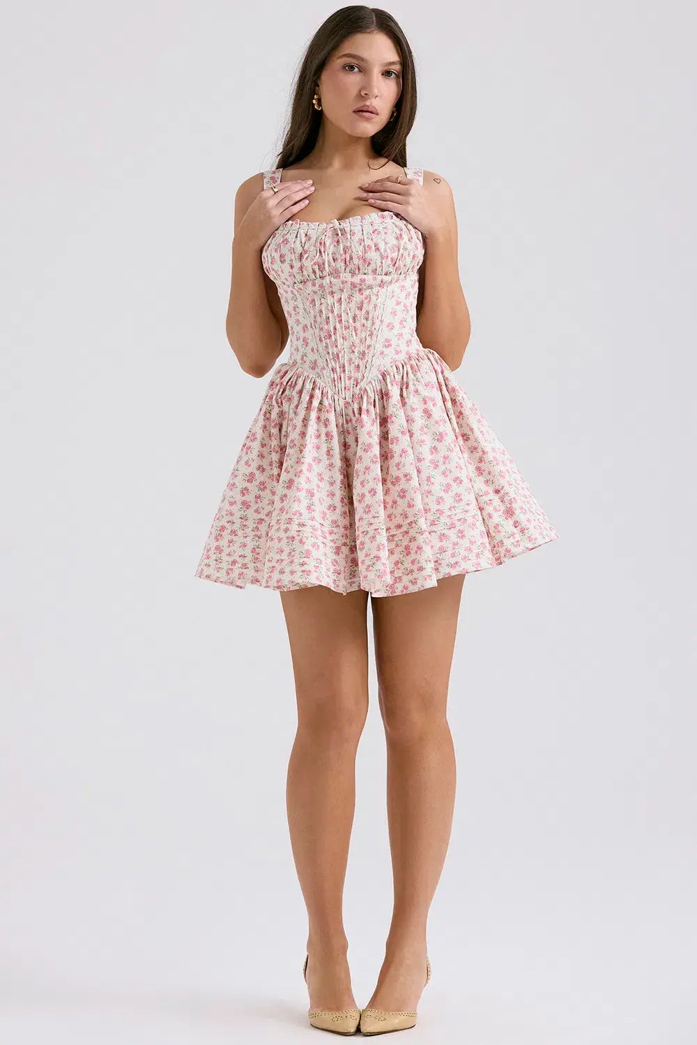House of CB Natassia Cotton Mini Dress White Rosebud Print Size 8 photo 6