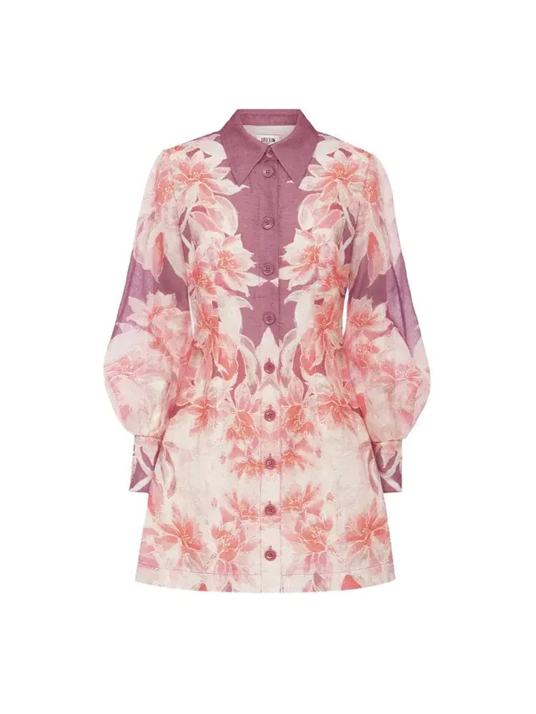 Leo Lin Luminous Silk Linen Mini Dress in Orient Print in Hibiscus Pink Size 10 photo 7