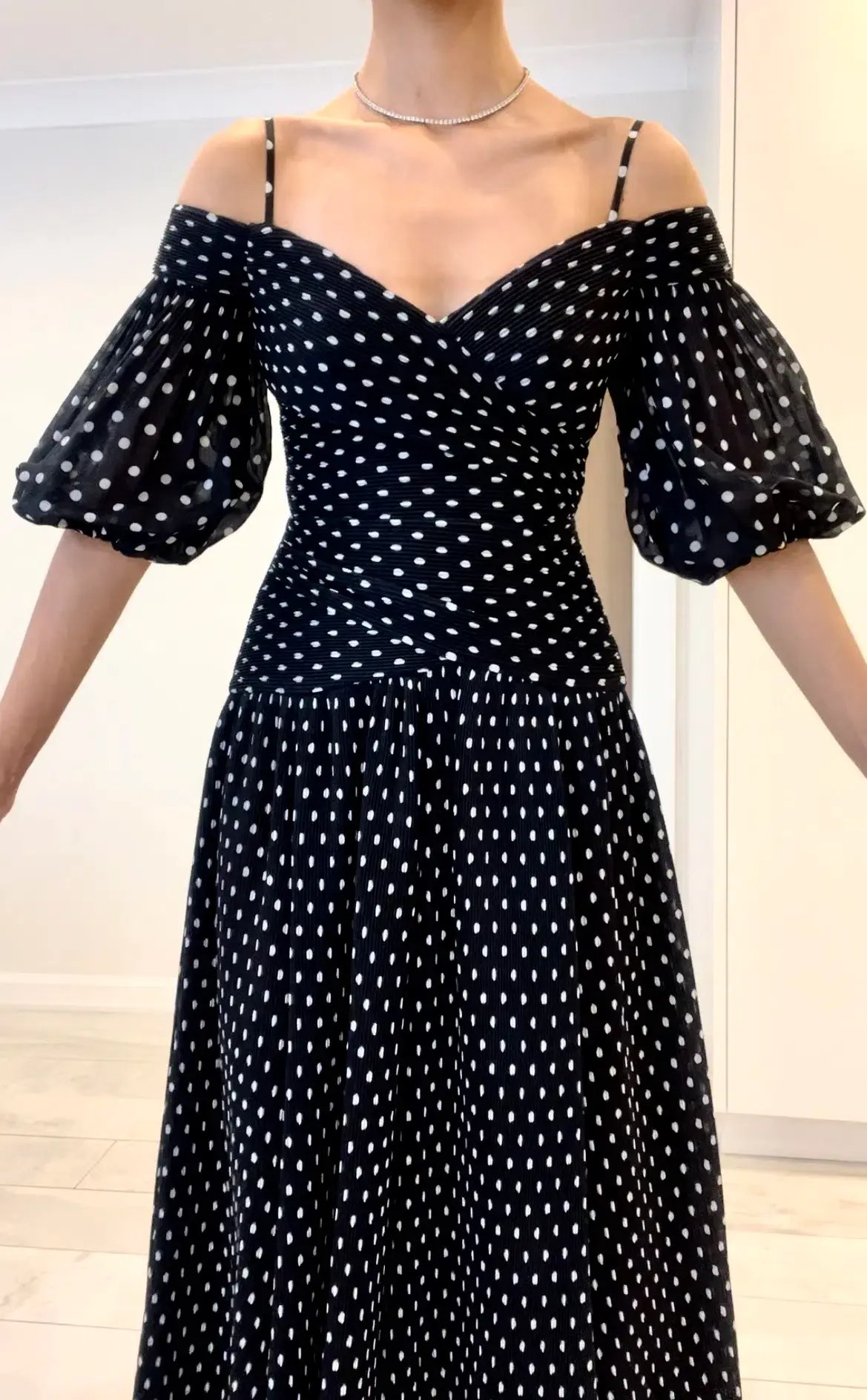 Zimmermann Polka Dot Plissé Chiffon Midi Dress Black Size 0 / AU 8 photo 5