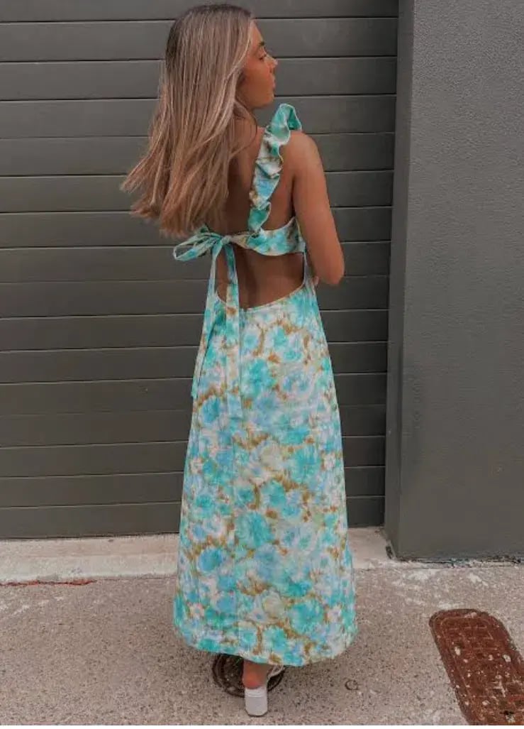 Zimmermann High Tide Frilled Midi Dress Aqua Ikat Floral Size 1 / AU 10 photo 2