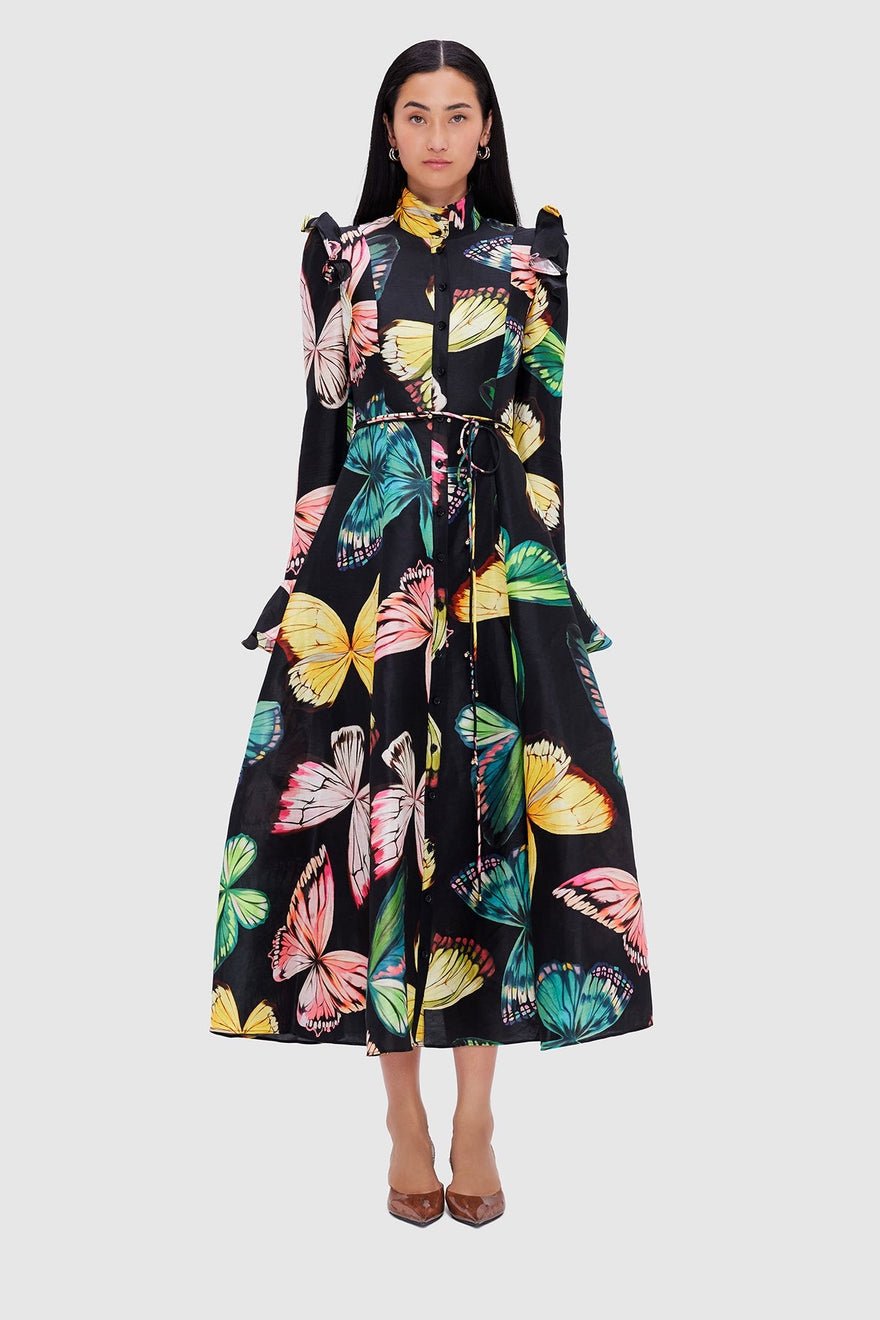 Leo Lin Katrina Butterfly Sleeve Midi Dress - Papillon Print in Black photo 4