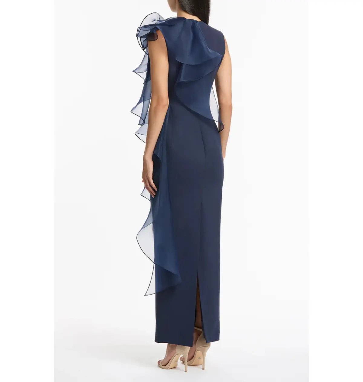 Carla Zampatti Crepe Ruffle Shoulder Gown Navy Size 12 photo 3