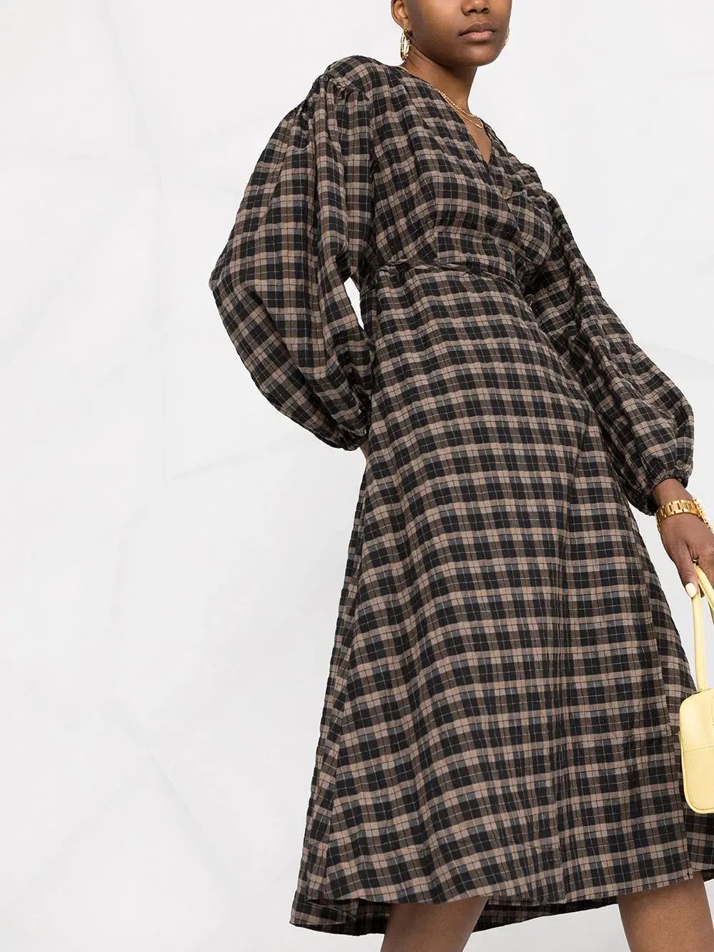 Ganni Fossil Seer Sucker Wrap Dress Check Print Size M / AU 10 photo 2