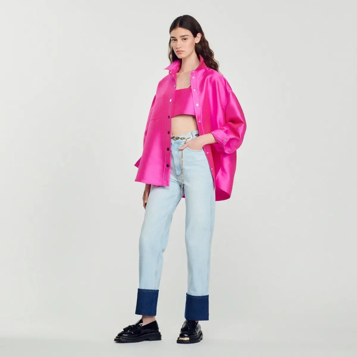 Sandro Fluro Satin Crop Pink, Effie Shirt Pink and Java Embellished Twill Shorts Black Size 8 photo 3