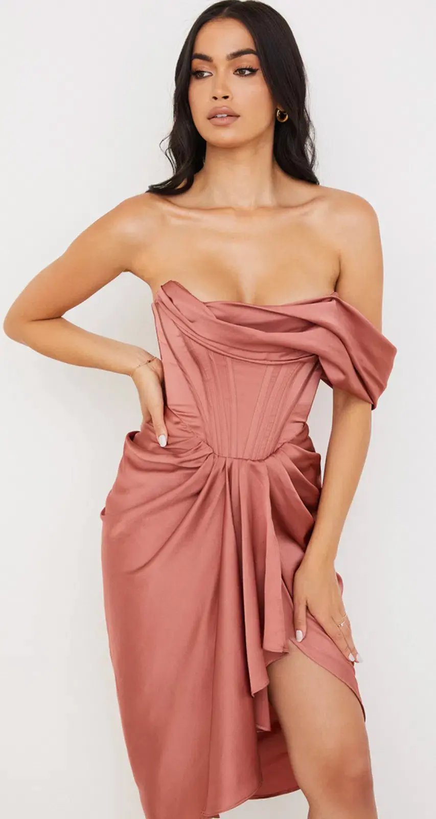 House of CB Janis Rouge Satin One-Shoulder Draped Midi Dress Pink Size 8 photo 7