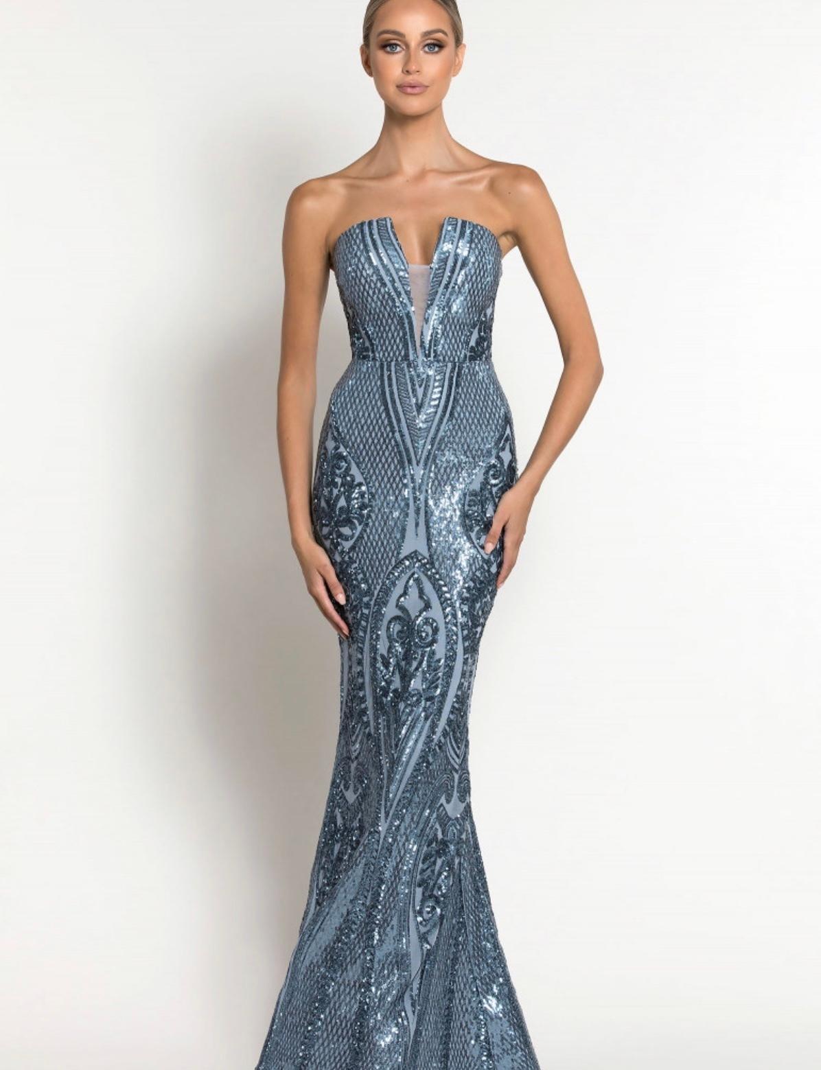 Maia Strapless Pattern Gown Anitque Blue Size 10 photo 3