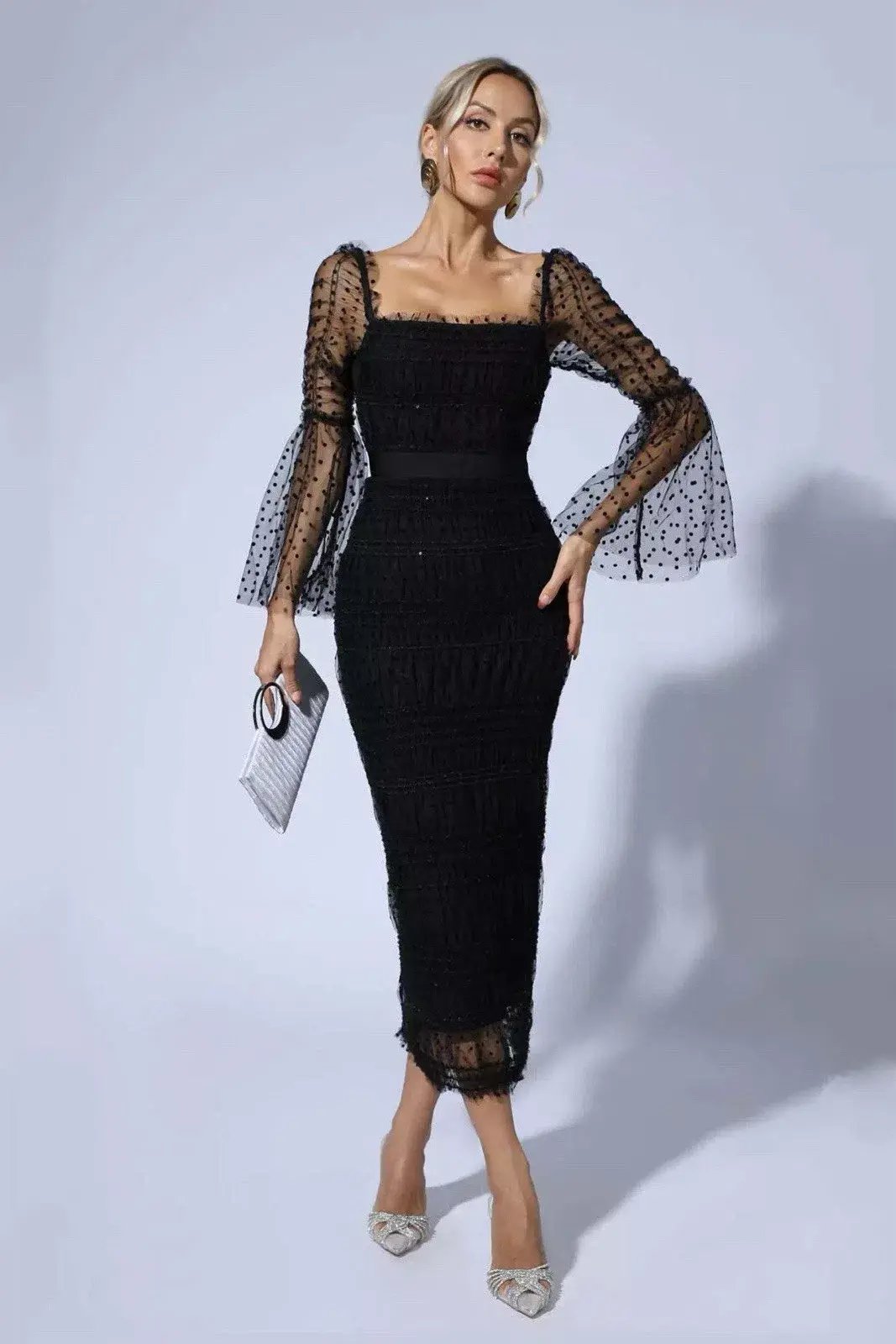 Self-Portrait Sequin Dot Mesh Midi Dress Black Size 10 photo 2