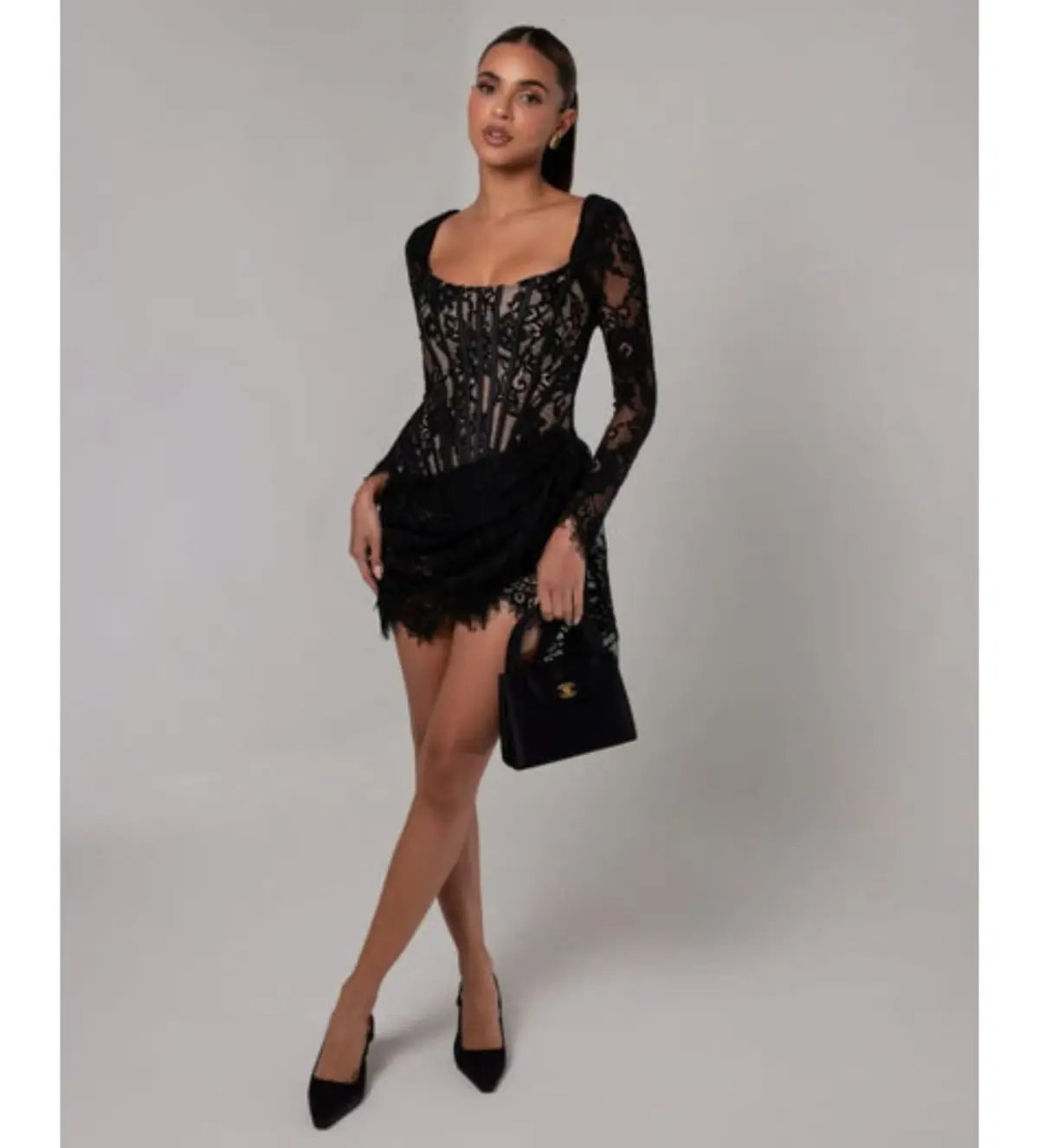 Heiress Beverly Hills Long Sleeve Lace Corset Draped Mini Dress Black Size XL/AU 14 photo 2