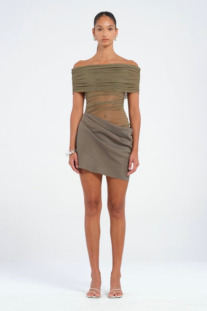 Benni Nico Off Shoulder Mini Dress - Khaki photo 2