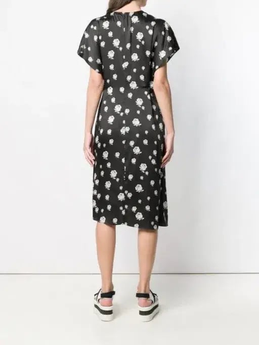 Kenzo Gathered Rose-Print Asymmetric Midi Dress Black/White Size 10 photo 5