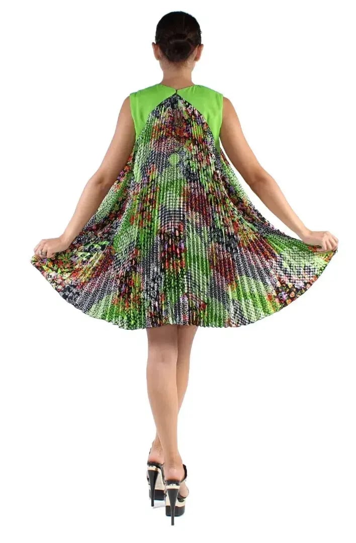 Versace Green Multicolor Plisse Tent Mini Dress Sleeveless Made in Italy Size 38 photo 5