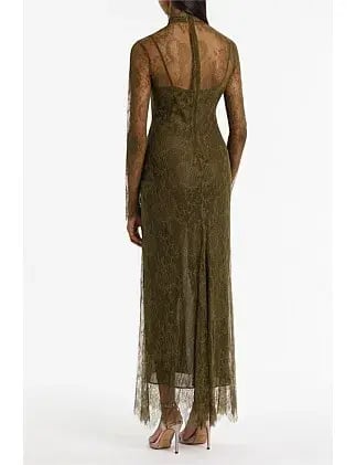 Carla Zampatti Juniper Chantilly Lace Sleeved Gown Olive Size 14 photo 3