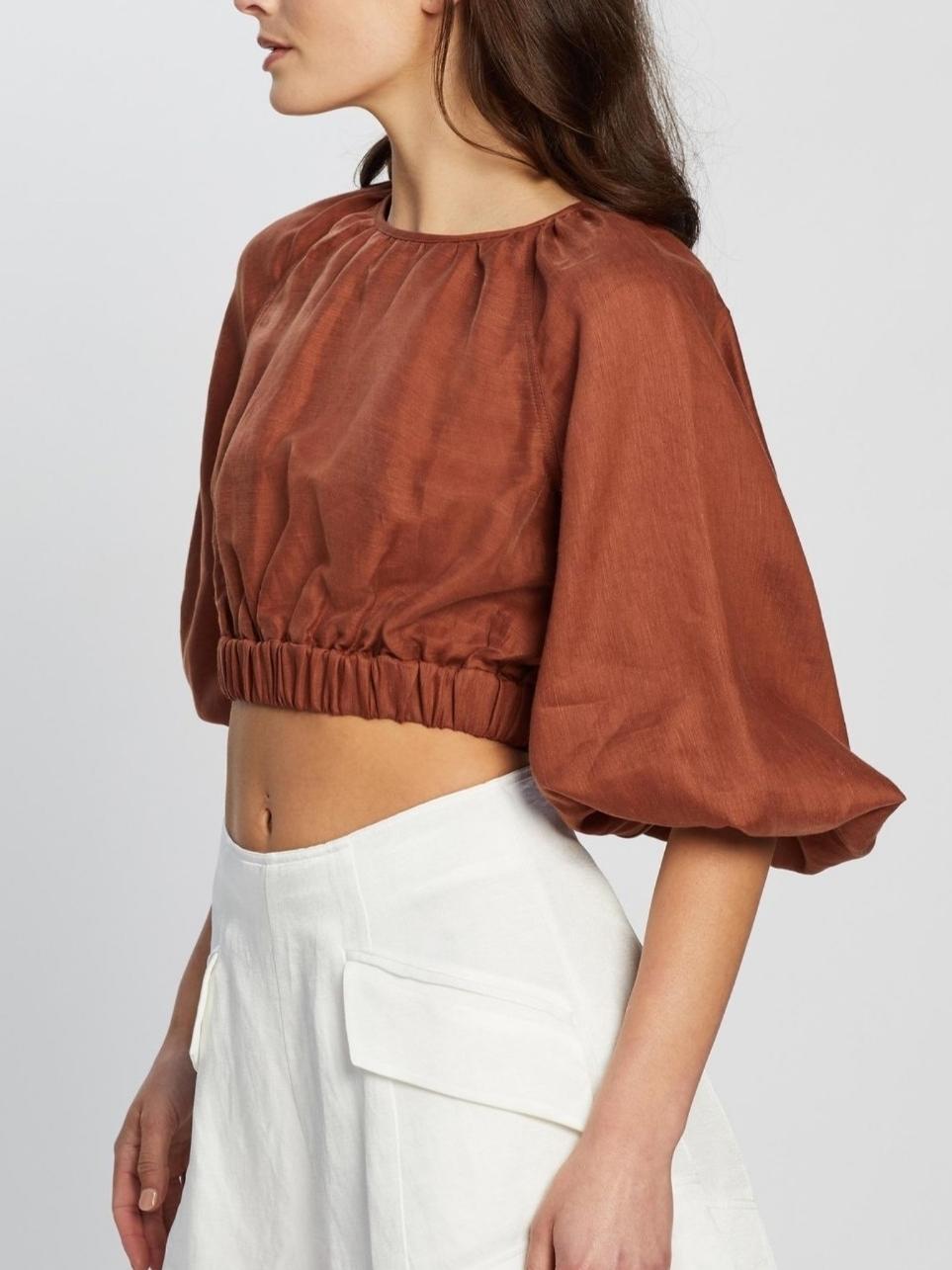 Shona Joy Elsa Balloon Sleeve Crop Top Brown Size 12 photo 4
